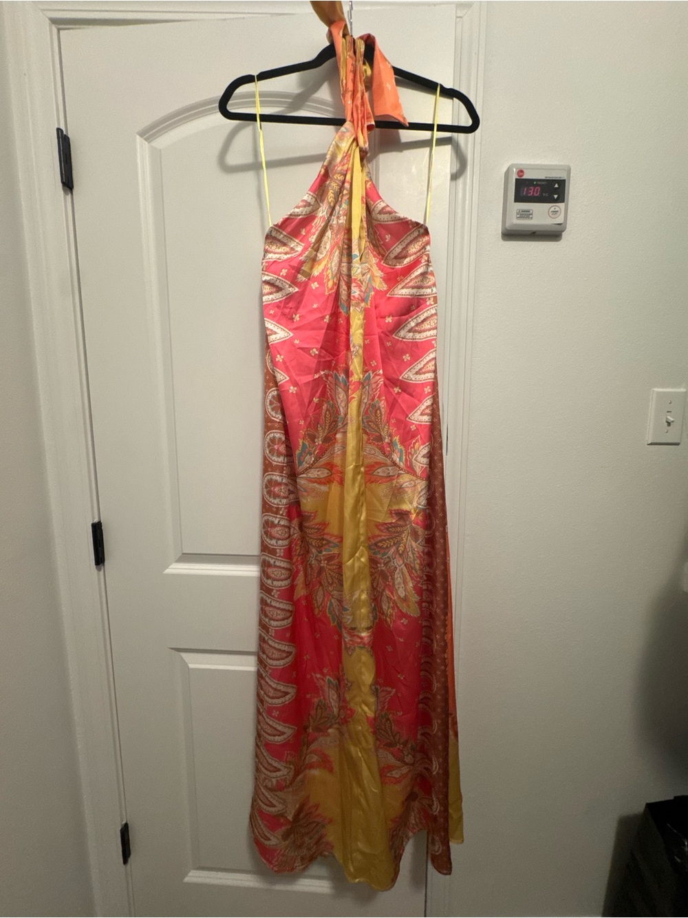 Elan Tropical Halter Maxi Dress in Coral and Yellow